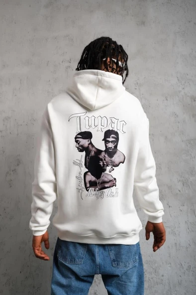 Lucky Life Erkek Oversize Üç İplik Kapüşonlu Sweat – Kol Ve Etek Ribana Detaylı, Ön Ve Sırt Baskılı, Kanguru Cepli Rahat Kalıp Model - Beyaz ürün görseli