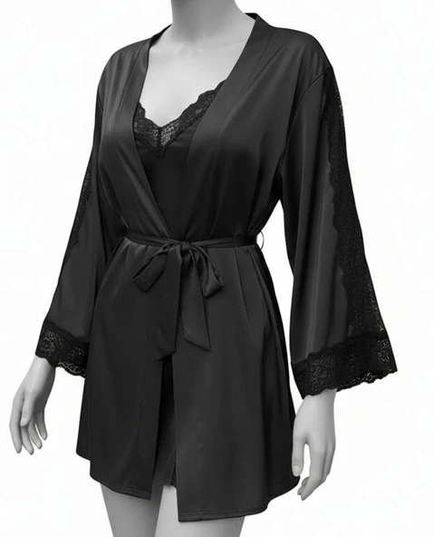 Bicomi Dantel İşlemeli İnce Askılı Siyah 2li Saten Gecelik Sabahlık Takımı - Resim 2