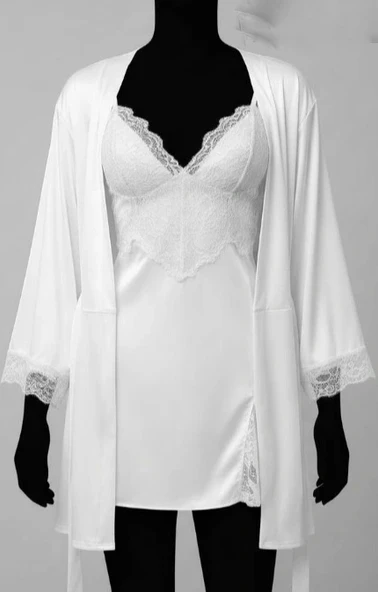 Bicomi Dantel İşlemeli İnce Askılı Beyaz 2li Saten Gecelik Sabahlık Takımı - Resim 2