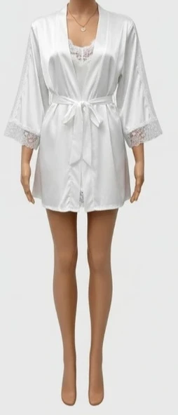 Bicomi Dantel İşlemeli İnce Askılı Beyaz 2li Saten Gecelik Sabahlık Takımı ürün görseli