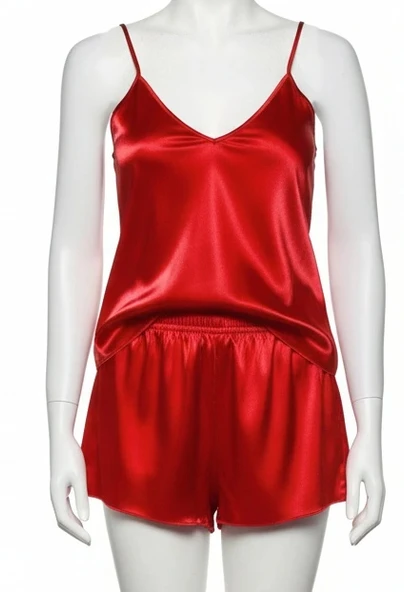 Bicomi İnce Askılı Kırmızı Saten Şortlu Takım ürün görseli