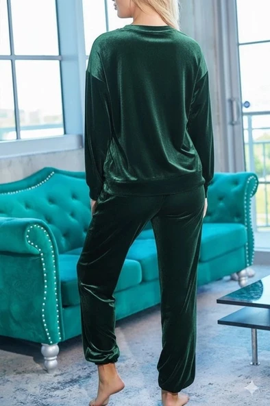 Kadın Uzun Kollu Yuvarlak Yakalı Kadife Bluz Ve Pantolon Takım - Resim 3