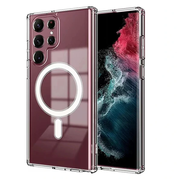 Samsung S22 Ultra Kılıf M-safe Şarj Özellikli Şeffaf Sert PC Embos Kapak ürün görseli