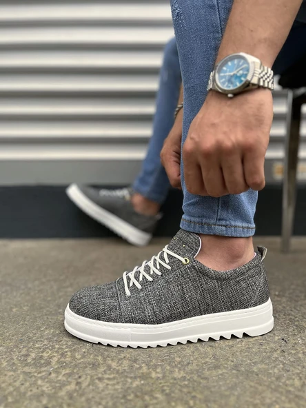 JY152 Cool Bağcıklı Keten Erkek Günlük Spor Klasik Ayakkabı KBT - Gri - Resim 3
