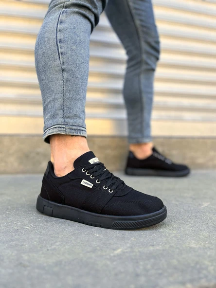 JY0118 REX Bağcıklı Keten Kumaş Erkek Günlük Sneaker Ayakkabı KST - Siyah ürün görseli