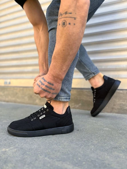 JY0118 REX Bağcıklı Keten Kumaş Erkek Günlük Sneaker Ayakkabı KST - Siyah - Resim 2