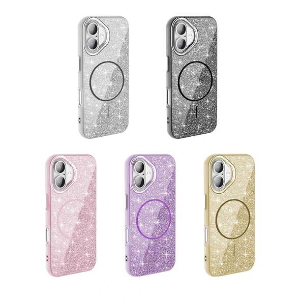 iPhone 16 Kılıf M-safe Şarj Özellikli Parlayan Simli Okso Kapak - Resim 2