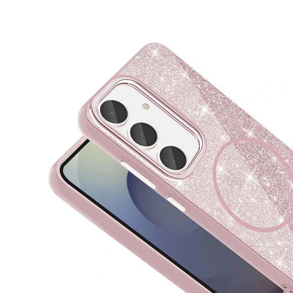 Samsung S24 FE Kılıf M-safe Şarj Özellikli Parlayan Simli Okso Kapak - Resim 3