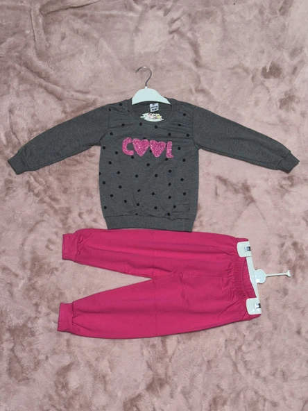 3-7 yaş pontiyeli ikili alt üst takım gri fuşya kız çocuk ürün görseli