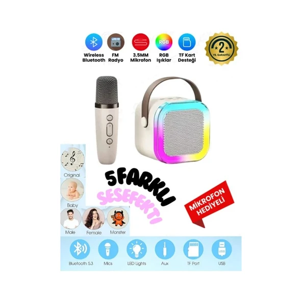 Mercitech K12 Kablosuz Bluetooth Hoparlör Bej Karaoke Mikrofon 5 Ses Efektli Rgb Hd Stereo Ses Usb/Sd/Fm