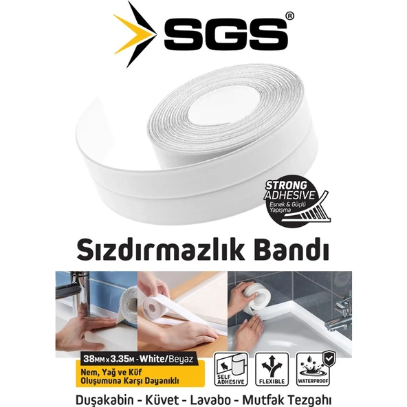 Sgs SGS1240 3.35M Banyo Küvet Mutfak Lavabo Beyaz Su Sızdırmaz Bant Su Geçirmez Kenar Bandı Sızdırmazlık Tamir