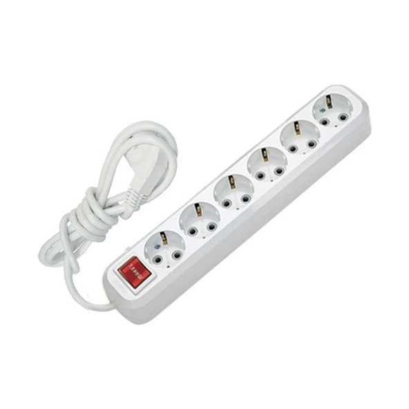 6'Lı Ara Kablo Anahtarlı Topraklı Grup Priz (5 Metre)