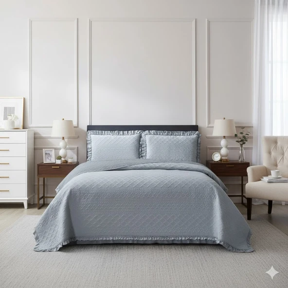 KAPİTONELİ YATAK ÖRTÜSÜ ÇİFT KİŞİLİK ROMA A.GRİ - Resim 3