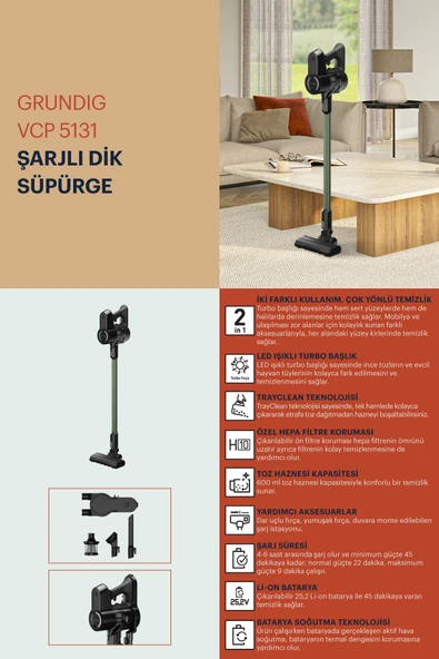 Grundig Vcp 5131 Kablosuz Dikey Şarjlı Süpürge - Resim 7