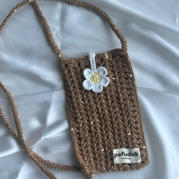 Pofuduk Hanmade Telefon Çantası PPB3 Yaldızlı Kahverengi - Resim 4
