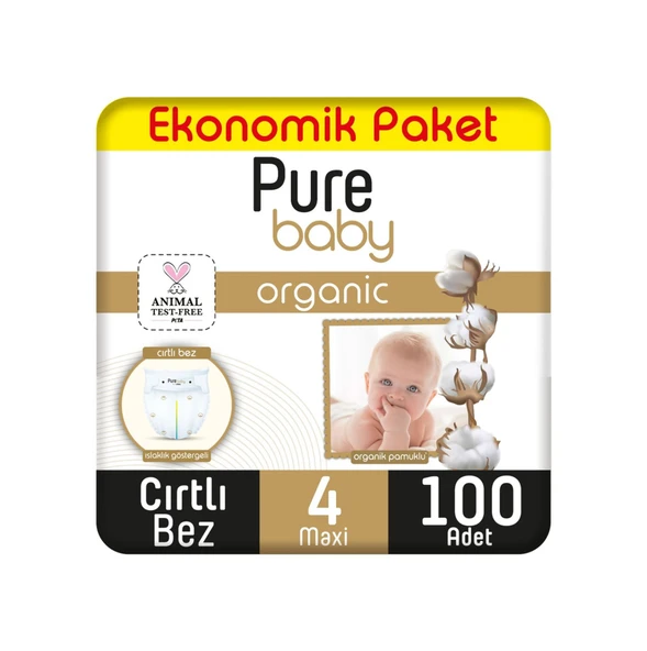 Pure Baby Organik Pamuklu Cırtlı Bez Ekonomik Paket 4 Numara Maxi 100 Adet