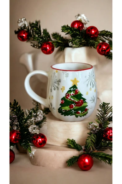 Yılbaşı Ağaç Desenli Seramik Kupa Handmade Tekli 9,5 x 7,5 CM ürün görseli 1