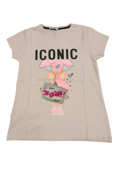 İrem Çocuk Giyim Kız Çocuk Önü Desenli Pullu Ve Taşlı Tişört