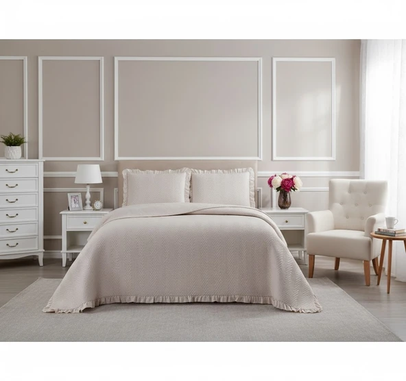 KAPİTONELİ YATAK ÖRTÜSÜ ÇİFT KİŞİLİK DUBAİ BEJ - Resim 3