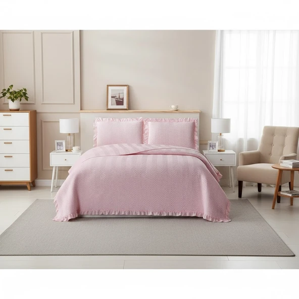 KAPİTONELİ YATAK ÖRTÜSÜ ÇİFT KİŞİLİK DUBAİ PEMBE ürün görseli