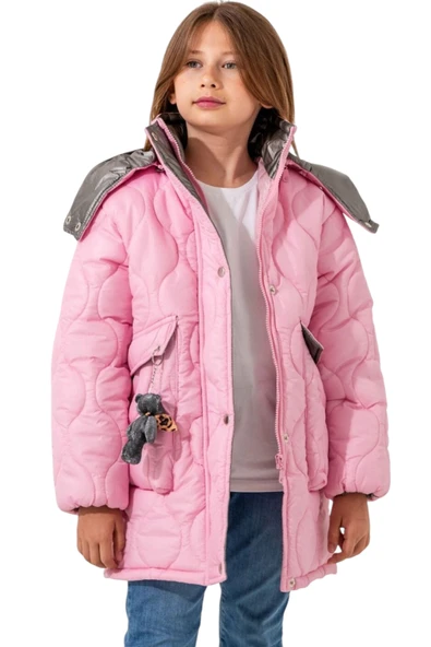 İrem Çocuk Giyim Kız Çocuk Kapitone Model Fermuar Kapama Kapüşonu Çıkabilen Astarlı Ayıcık Aksesuarlı Pembe Renk Mont