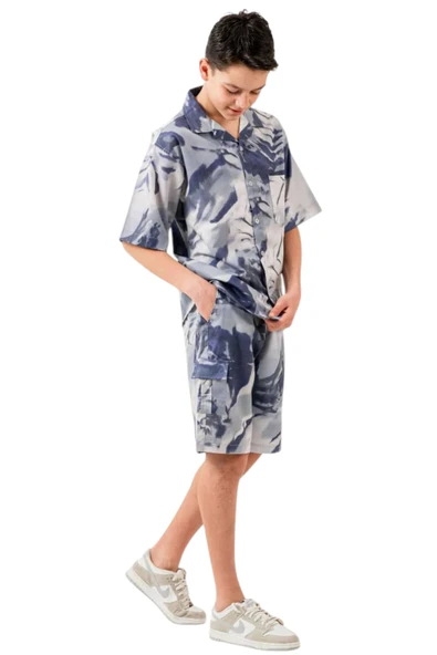 İrem Çocuk Giyim Erkek Çocuk Batik Desenli Mavi Gömlek Şort Oversize İkili Takım - 3