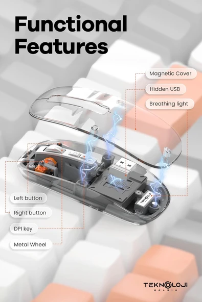 Bluetooth Usb Çift Modlu Sessiz Mouse, Şeffaf Mıknatıslı Kapaklı, Type-c Şarjlı, Dpı Ayarlı, Kablosuz 10m Çekim Mesafeli - 6