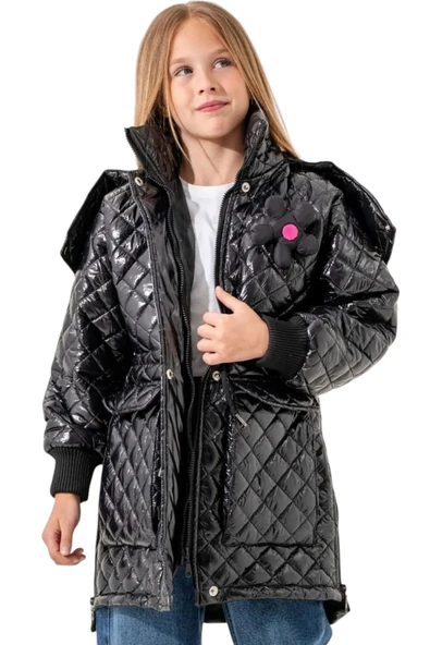 İrem Çocuk Giyim Kız Çocuk Kapitone Model Kapüşonu Çıkabilen İçi Astarlı Etek Kısmı Fermuarlı Parlak Siyah Renk Mont - 5