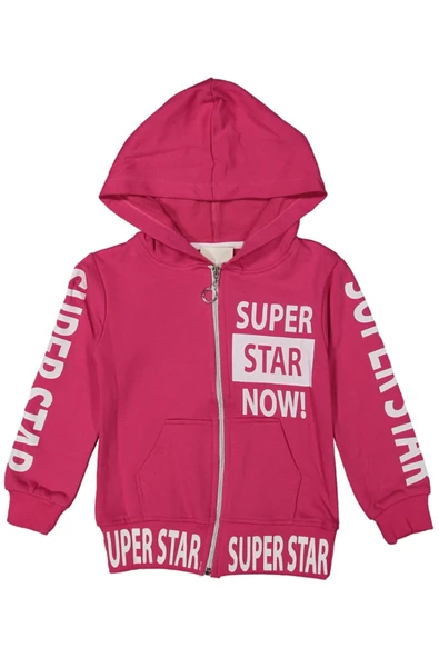 İrem Çocuk Giyim Kız Çocuk Super Star Yazı Desenli Fermuarlı Kapüşonlu Hırka