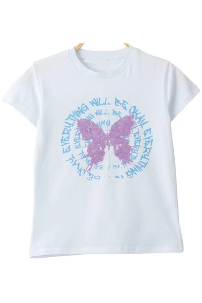 İrem Çocuk Giyim Kız Çocuk Kelebeği Pul İşlemeli Yazı Desenli Beyaz Renk Tişört