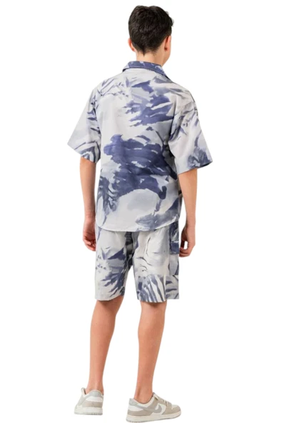 İrem Çocuk Giyim Erkek Çocuk Batik Desenli Mavi Gömlek Şort Oversize İkili Takım - 4