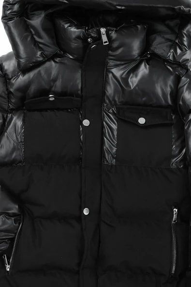 İrem Çocuk Giyim Erkek Çocuk Önü Çift Kapak Cepli Kapüşonu Çıkabilen İçi Peluş Astarlı Siyah Renk Mont - 4