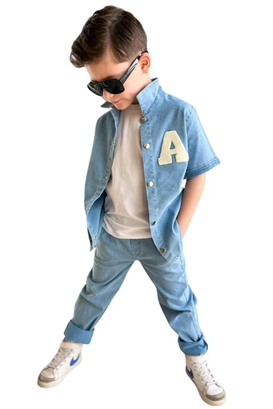 İrem Çocuk Giyim Erkek Çocuk Gömleği A Nakışlı Gömlek Tişört Pantolon Üçlü Kot Takım