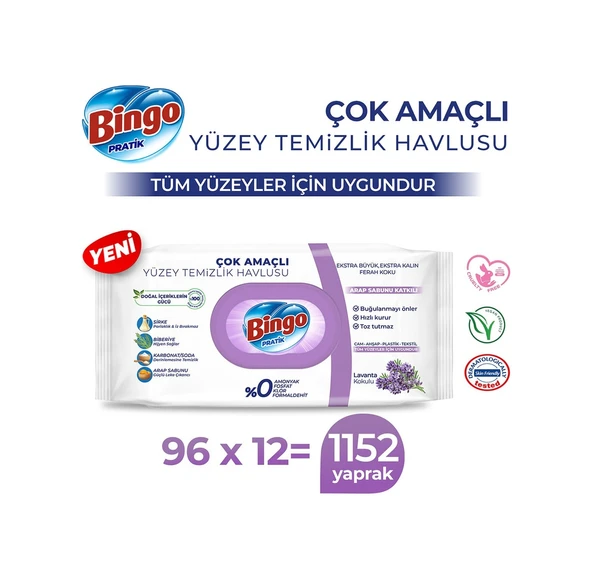 Bingo Pratik Arap Sabunu Katkılı Lavanta Yüzey Temizlik Havlusu 12 x 96'lı ürün görseli