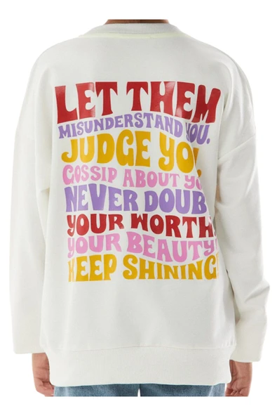 İrem Çocuk Giyim Kız Çocuk Önü Arkası Let Them Yazı Desenli Beyaz Renk Sweatshirt - 2