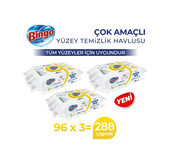 Bingo Limon Kokulu Pratik Yüzey Temizlik Havlusu 3 x 96'lı ürün görseli