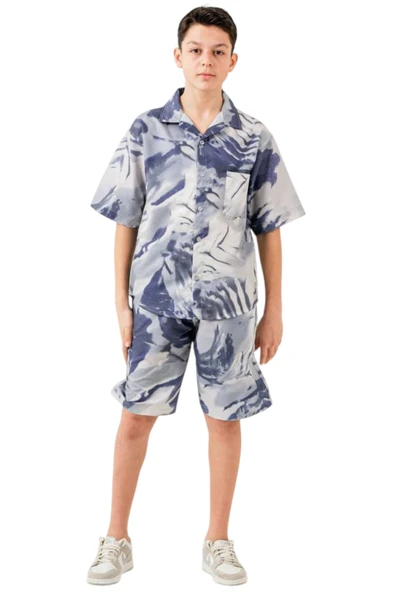 İrem Çocuk Giyim Erkek Çocuk Batik Desenli Mavi Gömlek Şort Oversize İkili Takım - 2