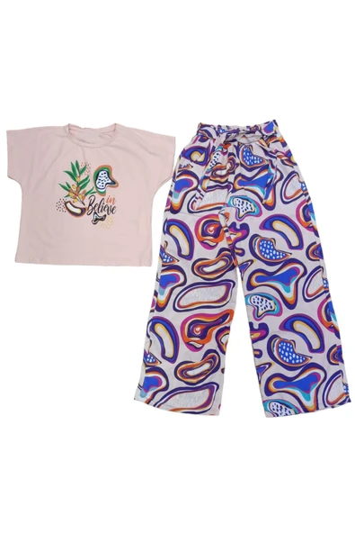 İrem Çocuk Giyim Kız Çocuk Belive Yazı Desenli Crop Tişört Bol Paça Pantolon Takımı Oversize Pudra