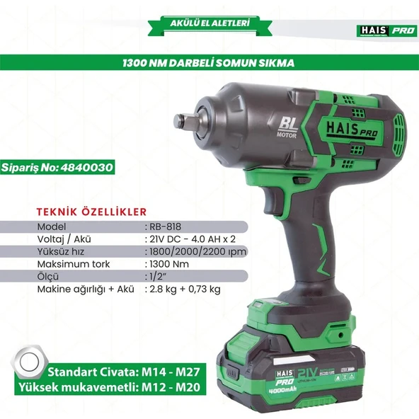 Hais Pro RB-818 1300 Nm 21 V Profesyonel Darbeli Somun Sıkma - Resim 4