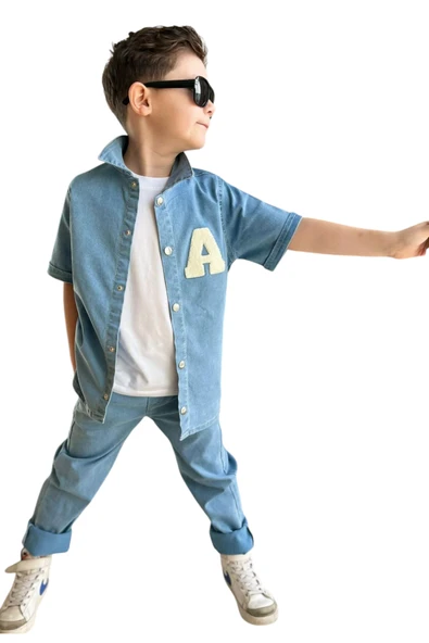 İrem Çocuk Giyim Erkek Çocuk Gömleği A Nakışlı Gömlek Tişört Pantolon Üçlü Kot Takım - 2