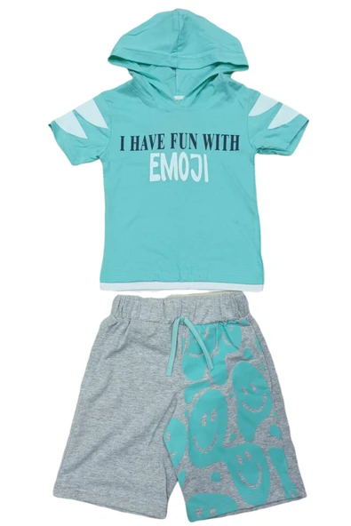 İrem Çocuk Giyim Erkek Çocuk Emoji Desenli Kapüşonlu Şortlu Takım