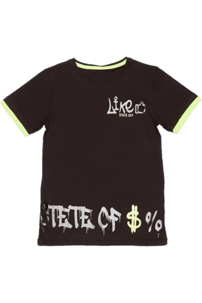 İrem Çocuk Giyim Erkek Çocuk Çift Taraf Like Yazı Desenli Siyah Tişört