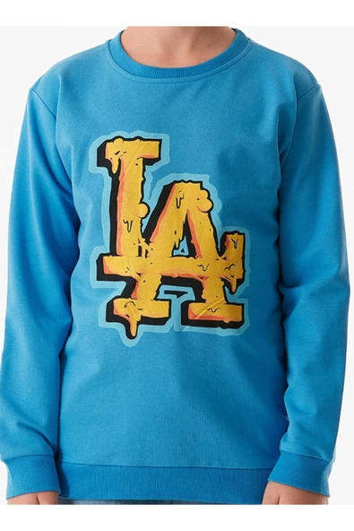 İrem Çocuk Giyim Erkek Çocuk LA Yazı Desenli Mavi Renk Sweatshirt