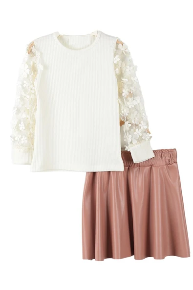 İrem Çocuk Giyim Kız Çocuk Bluzu Çiçek Detaylı Deri Etekli Takım