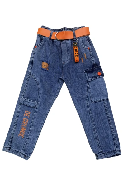 İrem Çocuk Giyim Erkek Çocuk Beli Lastikli Kargo Cepli Yazı Desenli Tarz Kot Pantolon Turuncu