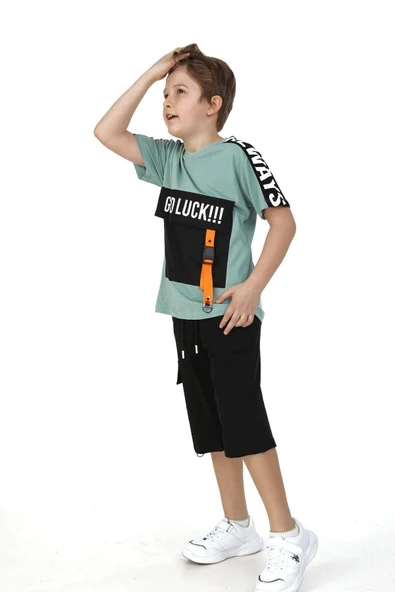İrem Çocuk Giyim Erkek Çocuk Good Luck Yazı Desenli Torba Cepli Mint Yeşili Şortlu Takım - 2