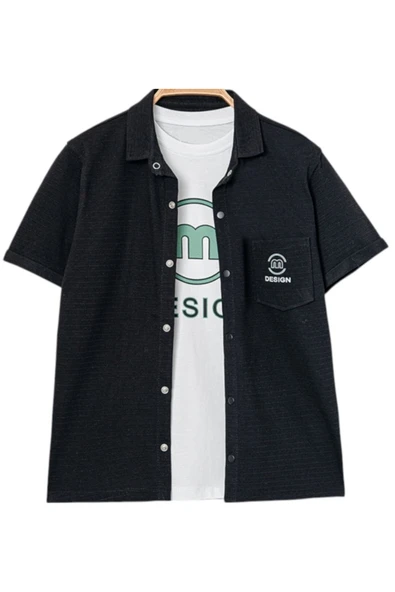 İrem Çocuk Giyim Erkek Çocuk M Design Yazılı Tişört Çıtçıt Kapamalı Siyah Gömlek Takımı