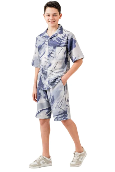 İrem Çocuk Giyim Erkek Çocuk Batik Desenli Mavi Gömlek Şort Oversize İkili Takım