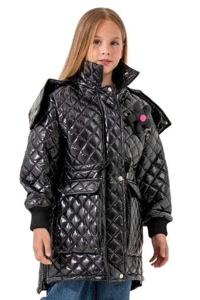 İrem Çocuk Giyim Kız Çocuk Kapitone Model Kapüşonu Çıkabilen İçi Astarlı Etek Kısmı Fermuarlı Parlak Siyah Renk Mont - 2