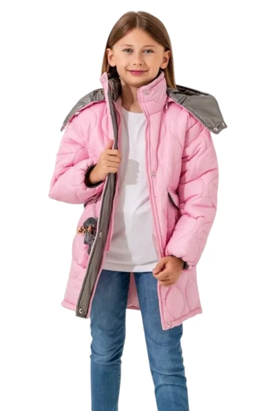 İrem Çocuk Giyim Kız Çocuk Kapitone Model Fermuar Kapama Kapüşonu Çıkabilen Astarlı Ayıcık Aksesuarlı Pembe Renk Mont - 2